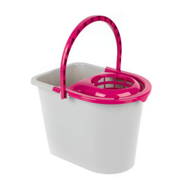 Grey mop bucket with pink handle and wringer, shown from front angle.