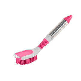 Pink and grey dish brush with stainless steel handle, shown on white background