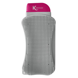 Grey silicone pet hair remover with white bristles and pink handle