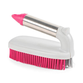 Handheld cleaning brush with pink bristles and grey handle, angled view.