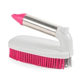 Handheld cleaning brush with pink bristles and grey handle, angled view.