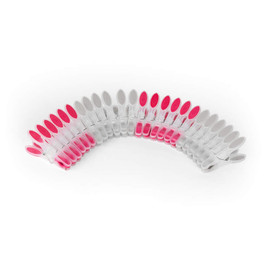 Pack of white and pink plastic pegs arranged in a curve