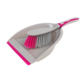 Pink and grey dustpan and brush set for sweeping, shown together on white background.