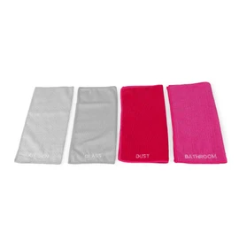 Set of four labelled cleaning cloths for kitchen, glass, dust, and bathroom in grey, red, and pink.