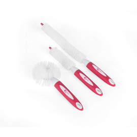 Set of three bottle and glass cleaning brushes with pink and white handles