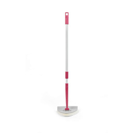 Pink and grey flat mop with long handle, shown upright on white background