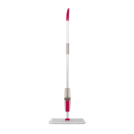 Spray mop with grey handle and pink accents, upright on white background