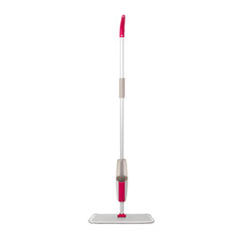 Spray mop with grey handle and pink accents, upright on white background