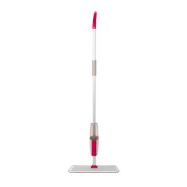 Spray mop with grey handle and pink accents, upright on white background