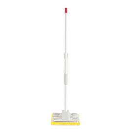 White and grey flat mop with yellow sponge head, shown upright on white background