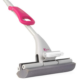 Pink and grey sponge mop with scrub brush attachment, shown at an angle.