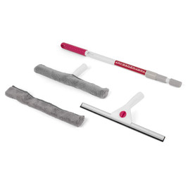 Window cleaning kit with extendable pink and white handle, squeegee, and two grey microfibre sleeves
