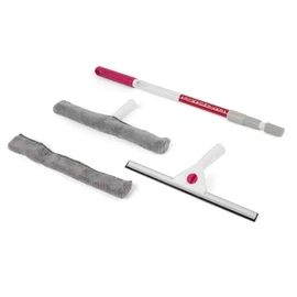 Window cleaning kit with extendable pink and white handle, squeegee, and two grey microfibre sleeves