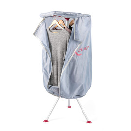 Electric clothes airer with zipped cover showing hanging jumpers on wooden hangers.