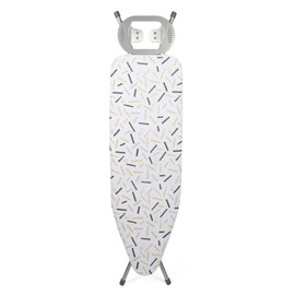 White ironing board with grey and beige dash print cover, shown upright