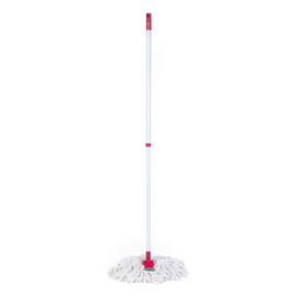 Cotton string mop with white and pink handle, shown upright on white background