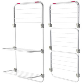 White folding clothes airer with two shelves, shown open and closed