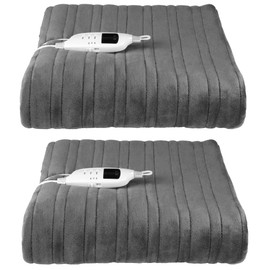 Set of two grey heated fleece throws with remote controls, folded