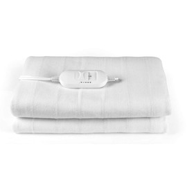 White electric blanket folded, showing control switch on top