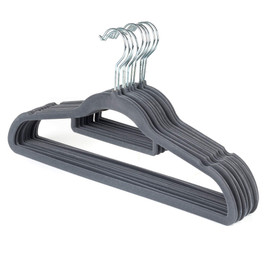Set of grey velvet hangers with chrome hooks for clothes