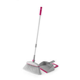 Grey and pink broom and dustpan set for sweeping, shown on white background