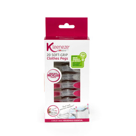 Pack of 20 pink and grey soft-grip clothes pegs in retail box, made with recycled plastic
