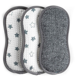 Pack of three grey baby burp cloths, two star print, one textured, front view