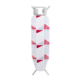 Ironing board with pink and grey geometric patterned cover, upright view