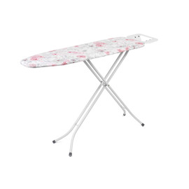 Full-size ironing board with white and pink floral cover, metal frame and iron rest.