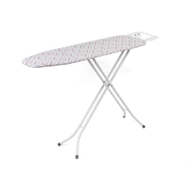 Ironing board with pink and grey geometric cover, shown from side view