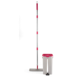 Flat mop and rectangular bucket set in grey with pink accents, shown upright