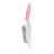 Hand using pink and white dustpan and brush set to sweep up coffee beans from kitchen shelf