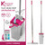 Flat head mop and bucket set with pink accents, shown with wringing and scraper features