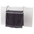 White radiator towel rack with grey towel, shown hanging for use.