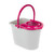 Grey mop bucket with pink handle and wringer, shown from front angle.