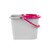 Grey mop bucket with pink wringer and handle on pale wooden flooring