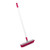 Pink and grey rubber broom with long white handle, angled for sweeping hard floors