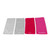 Set of four labelled cleaning cloths for kitchen, glass, dust, and bathroom in grey, red, and pink.