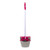 Dustpan and brush set in grey and pink, hanging on wall, next to matching cloth.