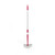 Pink and grey flat mop with long handle, shown upright on white background