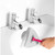 Hand cleaning bathroom sink with pink handled triangular cleaning tool