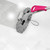 Pink and grey tile mop with brush on white tiled floor