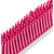 Grey dustpan and pink-handled brush cleaning set on a kitchen floor