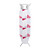 Ironing board with pink and grey geometric patterned cover, upright view