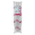 Folding ironing board with silver legs and pink geometric patterned cover