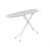 Ironing board with pink and grey geometric cover, shown from side view