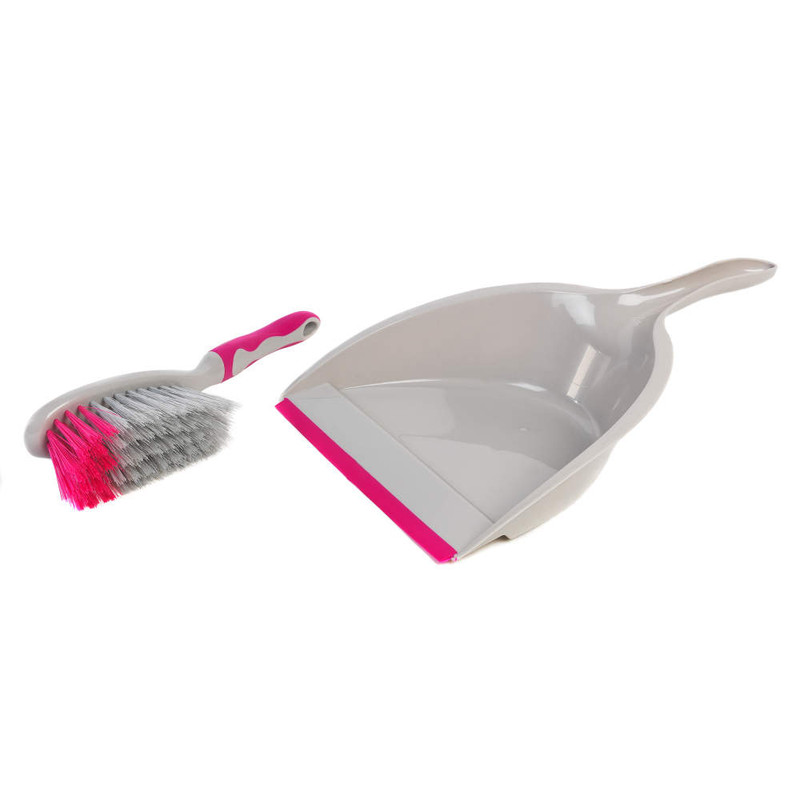 Dustpan and brush set in grey and pink, shown side by side for cleaning use.