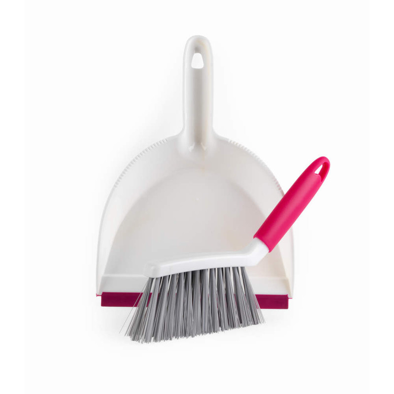 Dustpan and brush set, white with pink handle, shown from above