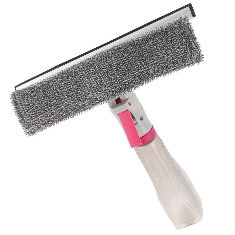 Grey microfibre spray window cleaner with squeegee, shown on white background