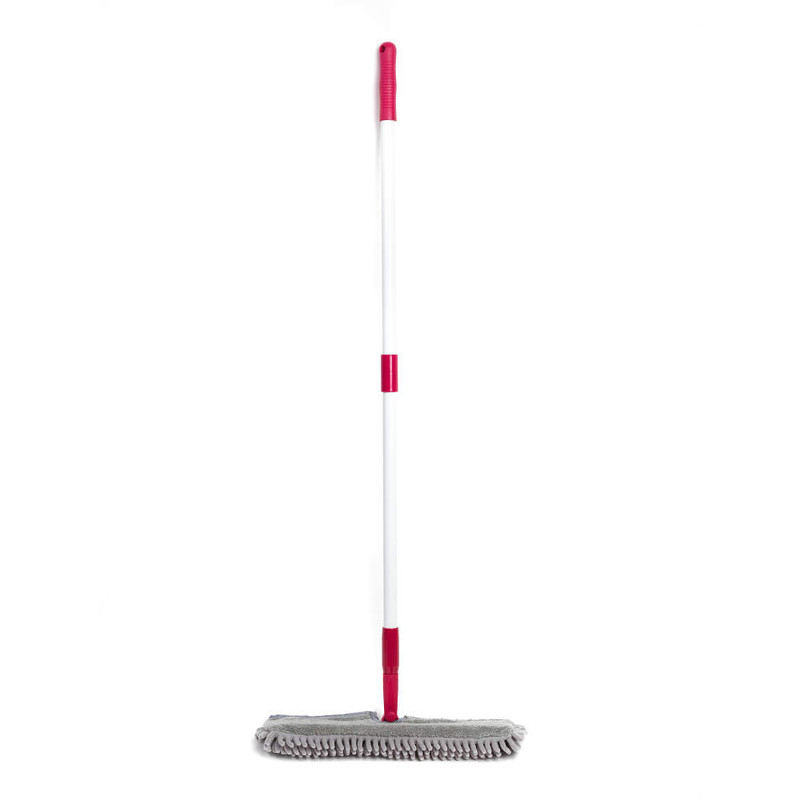 Flat mop with pink and white handle, grey microfibre head, upright on white background